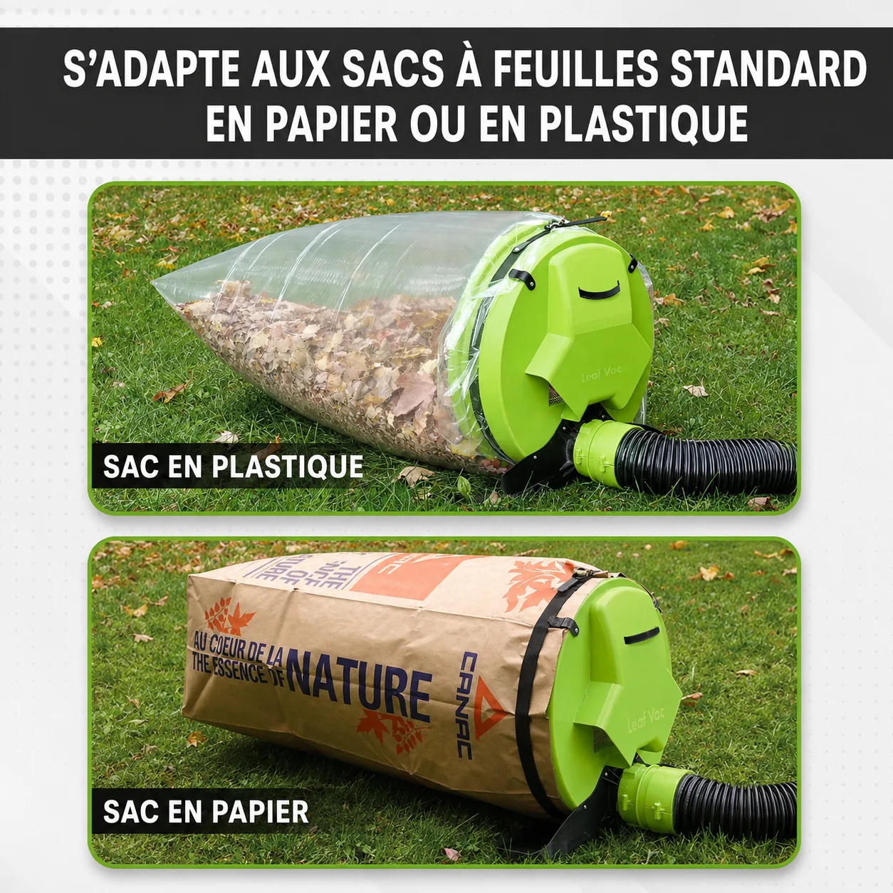 Leaf Vac avec sacs standard en papier et en plastique