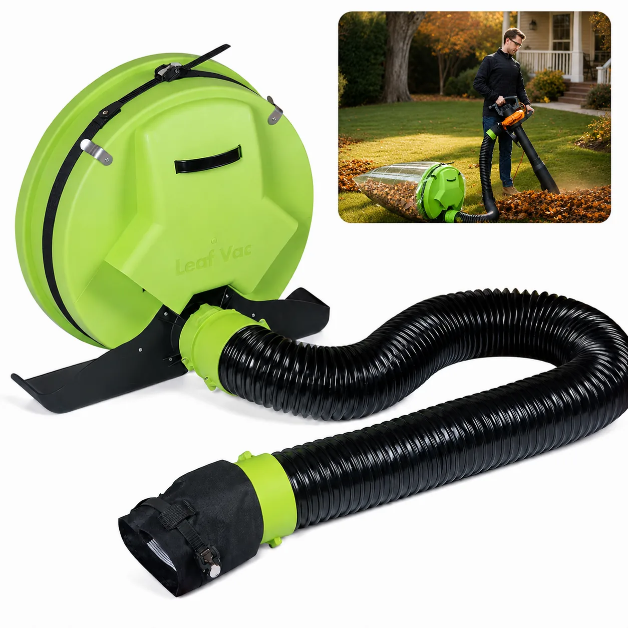 Système Leaf Vac avec tuyau flexible, raccord universel et vue en utilisation